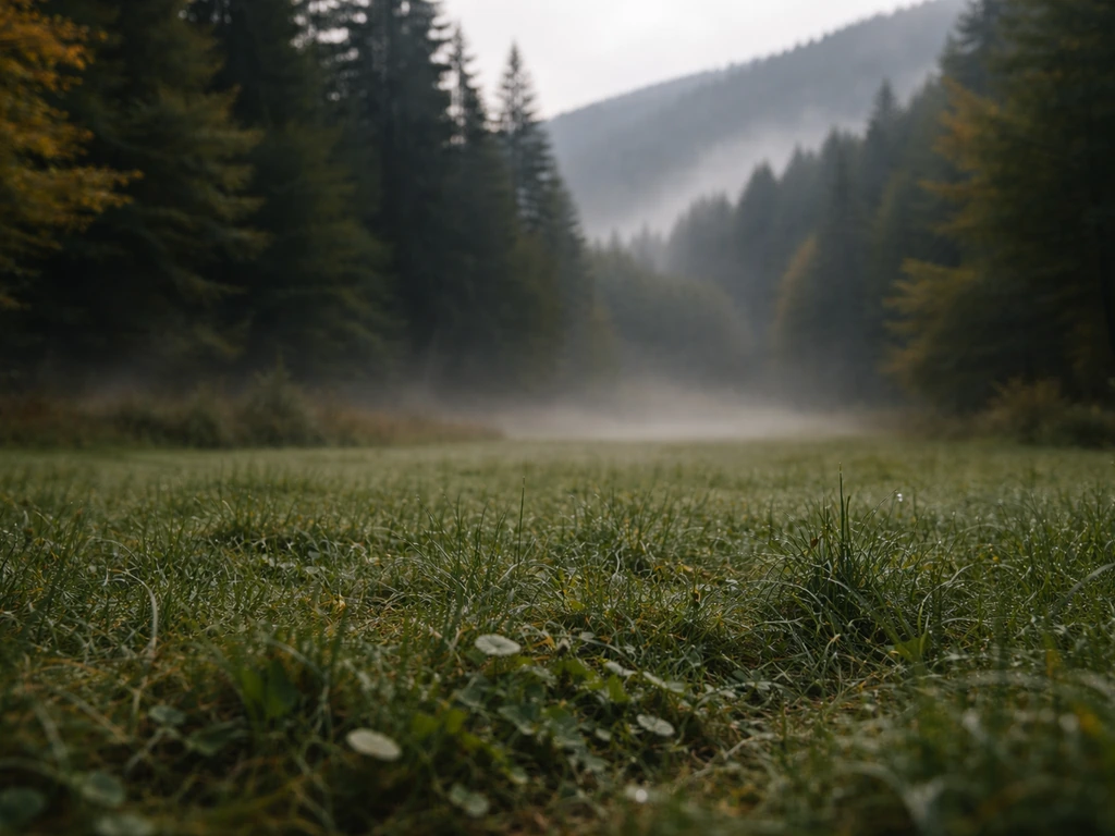 Gazon humide aux Vosges avec rosée et brume légère, ambiance fraîche de fin de printemps