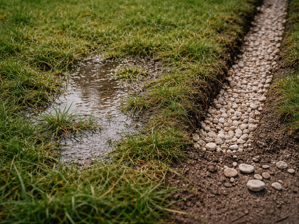 Gazon détrempé dans une cuvette de jardin, avec une petite tranchée et des gravillons pour le drainage.