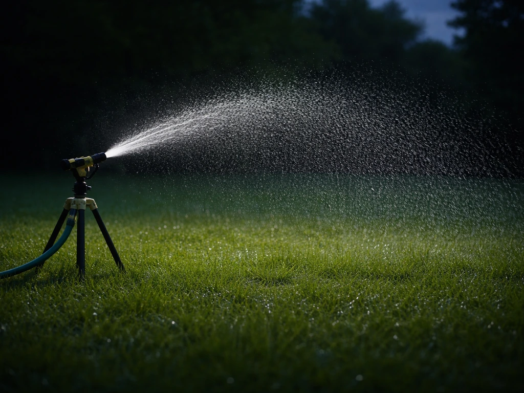 Arrosoir arrosant un gazon au soir, pluie fine sur l’herbe pour illustrer un mauvais geste à éviter.