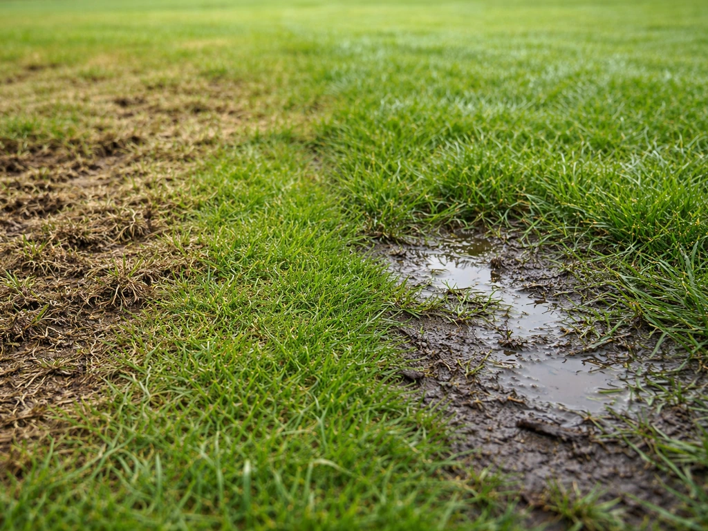 Deux zones de pelouse : gauche scarification et tonte sur sol sec, droite gazon détrempé évité.