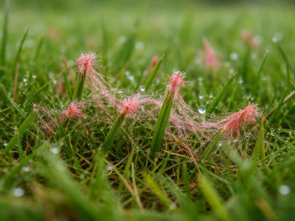 Gazon vu de près avec fins filaments rosés/corail typiques du fil rouge sur les brins d’herbe.