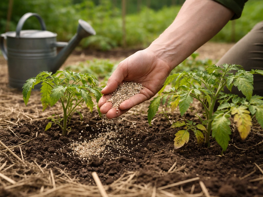 Jardinier épandant localement un engrais sur une zone de feuilles abîmées, avec un arrosoir à côté.
