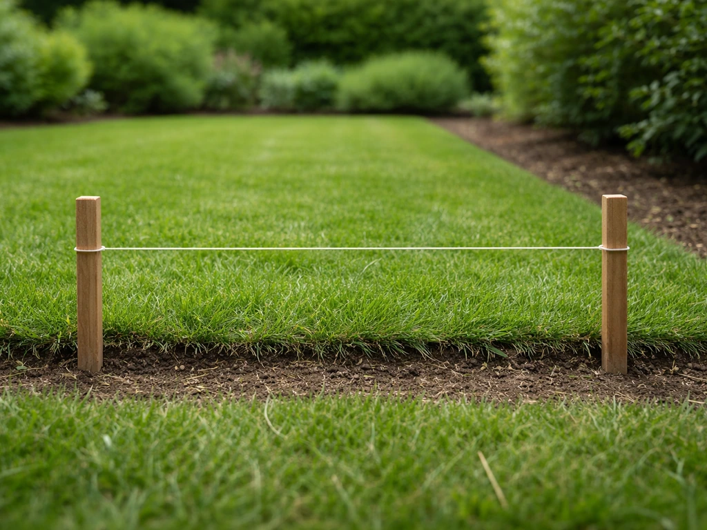 Corde tendue et piquets le long d’une bordure de pelouse, prêts à marquer une ligne avant la coupe.