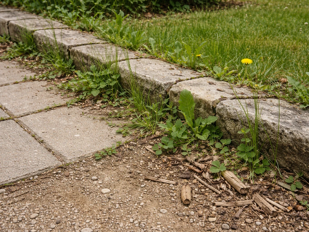Bordure de jardin envahie d’adventices, avec quelques pierres et branches à retirer avant la coupe.