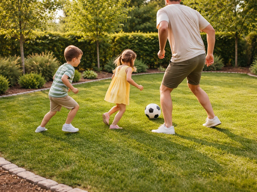 Famille jouant au ballon sur une pelouse verdoyante, zone de jeu délimitée et herbe solide.