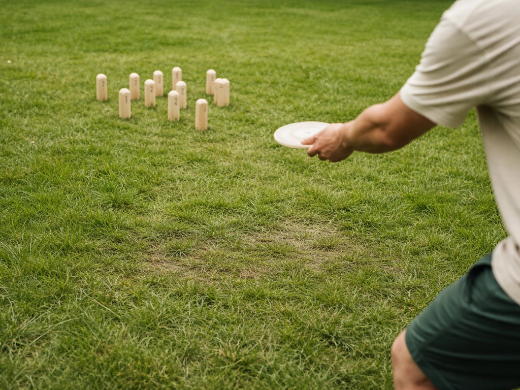 Jeu d’adresse sur pelouse : quilles légères et disque prêt à être lancé sur l’herbe.