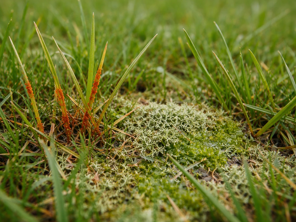 Gros plan d’herbe avec zones rougeâtre, verdâtres et aspect poudreux, pour illustrer le « rouge gazon »