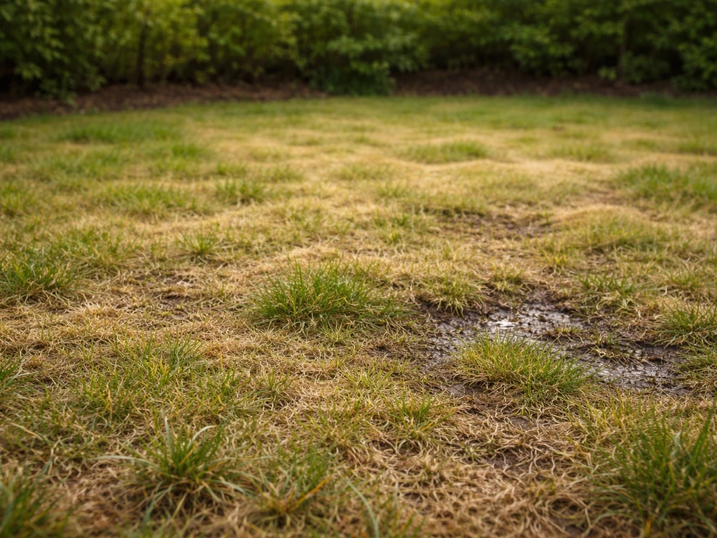 Pelouse de printemps feutrée et jaunie, avec zones humides sombres au sol compacté.
