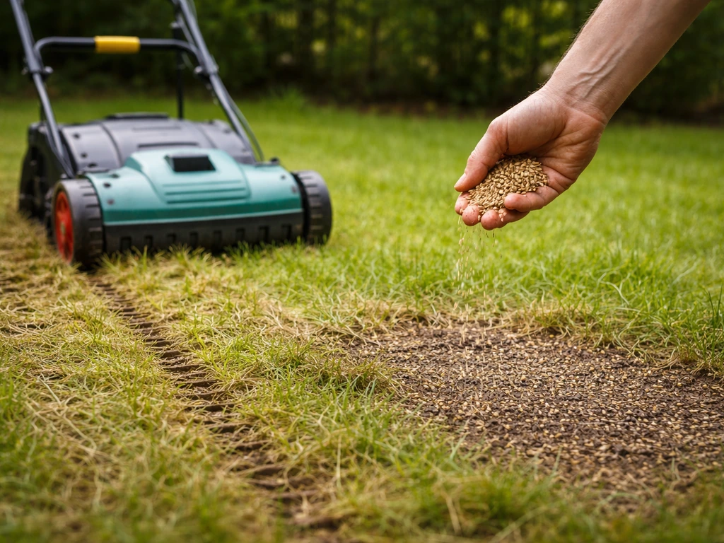 Scarificateur sur pelouse et épandage de graines sur zones clairsemées, lumière naturelle printanière.