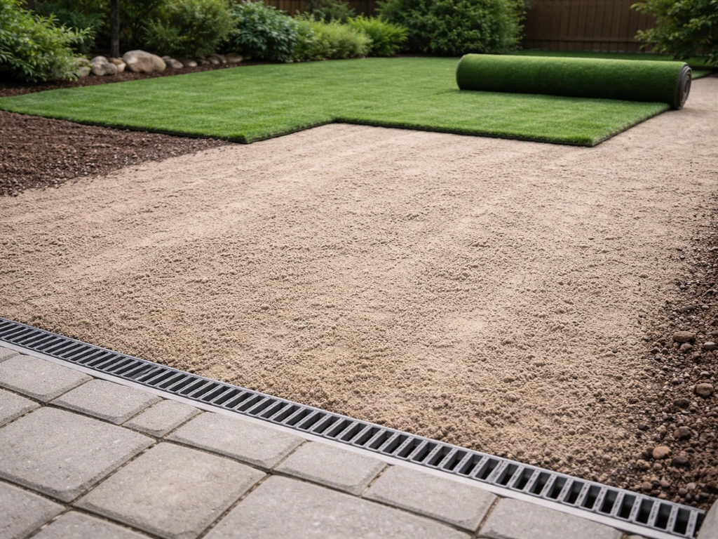Sol avec légère pente (1 à 2 %) et évacuation vers une grille de drainage, faux gazon en arrière-plan.