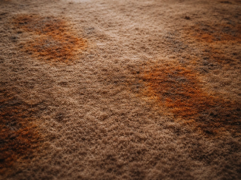 Gros plan sur un sol brun-fauve avec plaques rouille/orangées et texture feutrée suspecte.