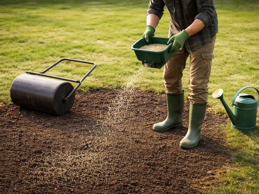 Semis de regarnissage sur pelouse dénudée avec un épandeur et un arrosoir prêt à la suite de la scarification