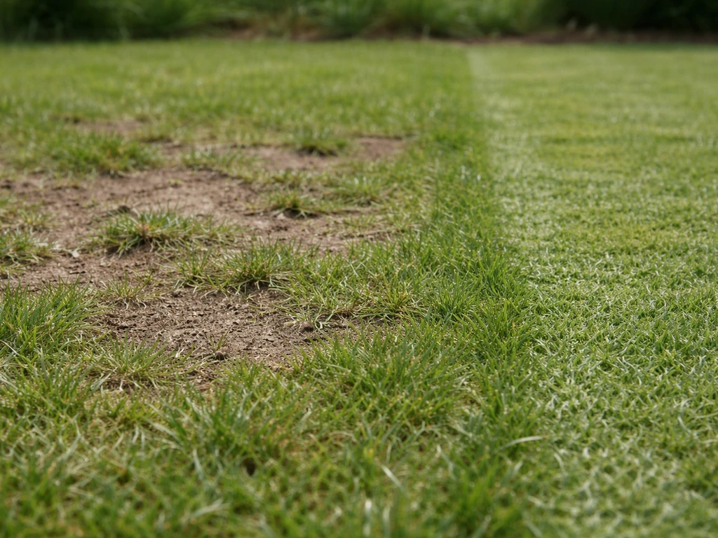 Jardin avec pelouse clairsemée par endroits, zones dénudées visibles et herbe très courte en bordure.