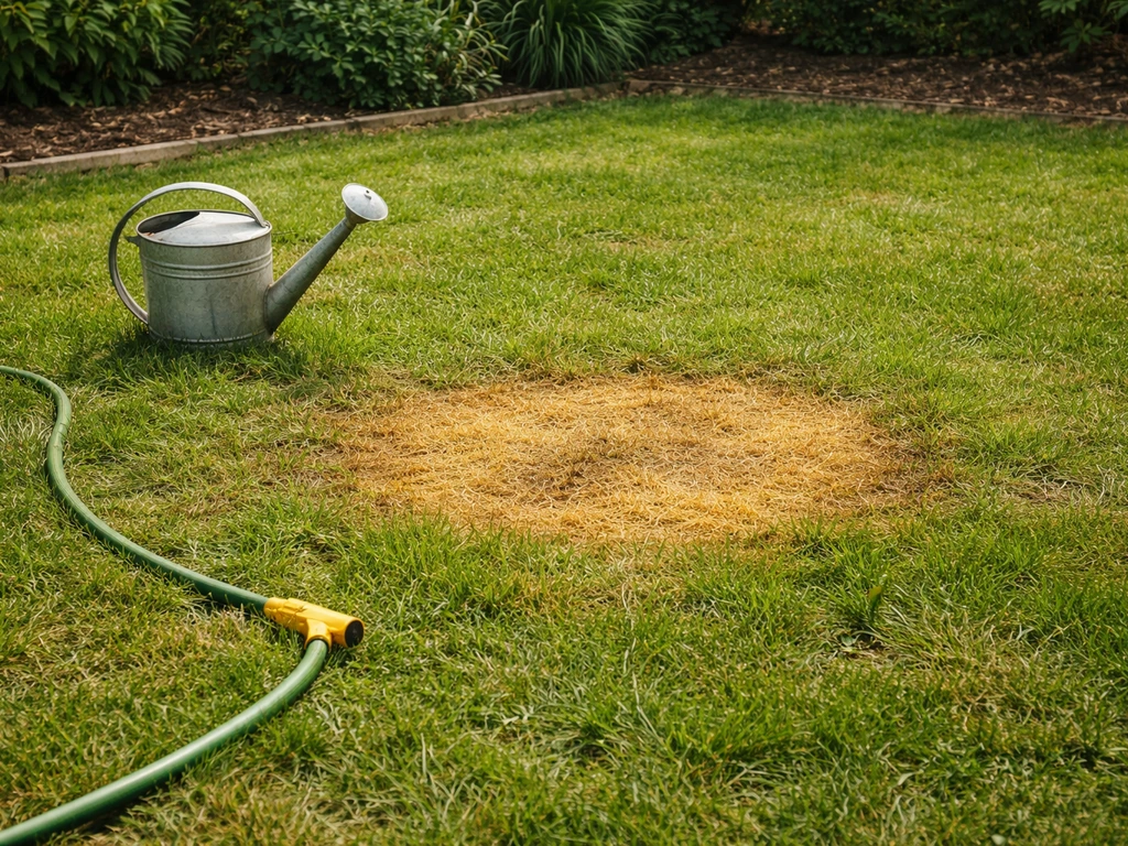 Tache circulaire de gazon brûlé, arrosoir et tuyau près du sol, pour montrer quoi faire et réparer.