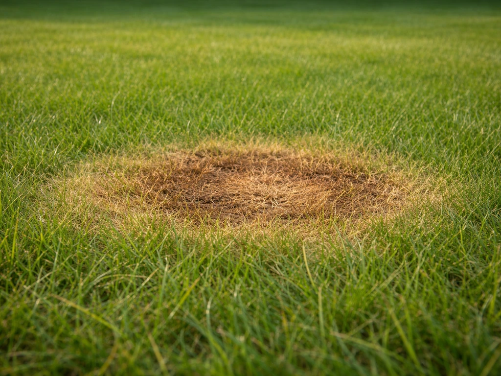 Pelouse avec une zone jaunie et légèrement brunie au sol, aspect de brûlure localisée après pipi de chien.