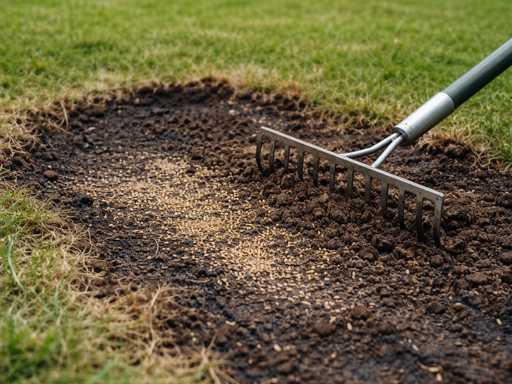 Jardin : râteau scarifiant légèrement une zone brûlée puis semis sur une terre nue avec quelques brins d’herbe.