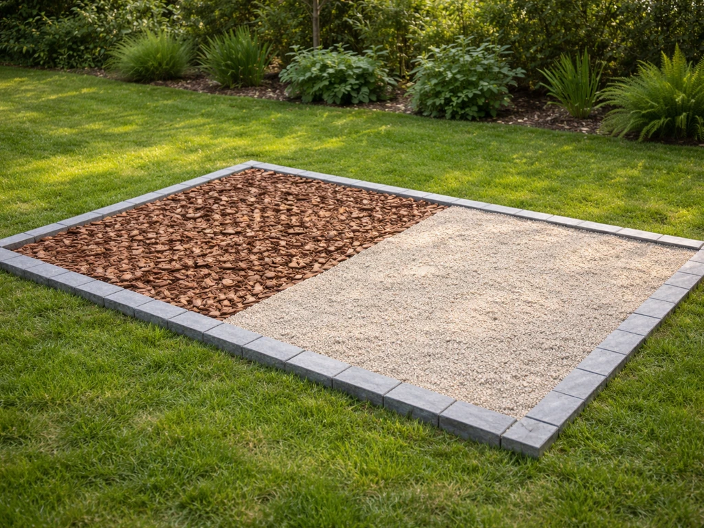 Coin de jardin avec délimitation au sol en paillage et gravier, espace dédié au chien, vu au niveau du sol.