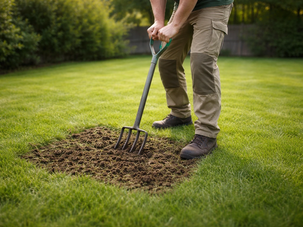 Un jardinier aère une pelouse, soulevant légèrement la terre pour rendre le gazon plus résistant.