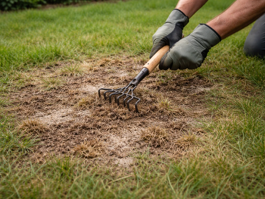 Zone de gazon atteinte (taches brunes et feutrage) scarifiée localement avec un outil de jardin.