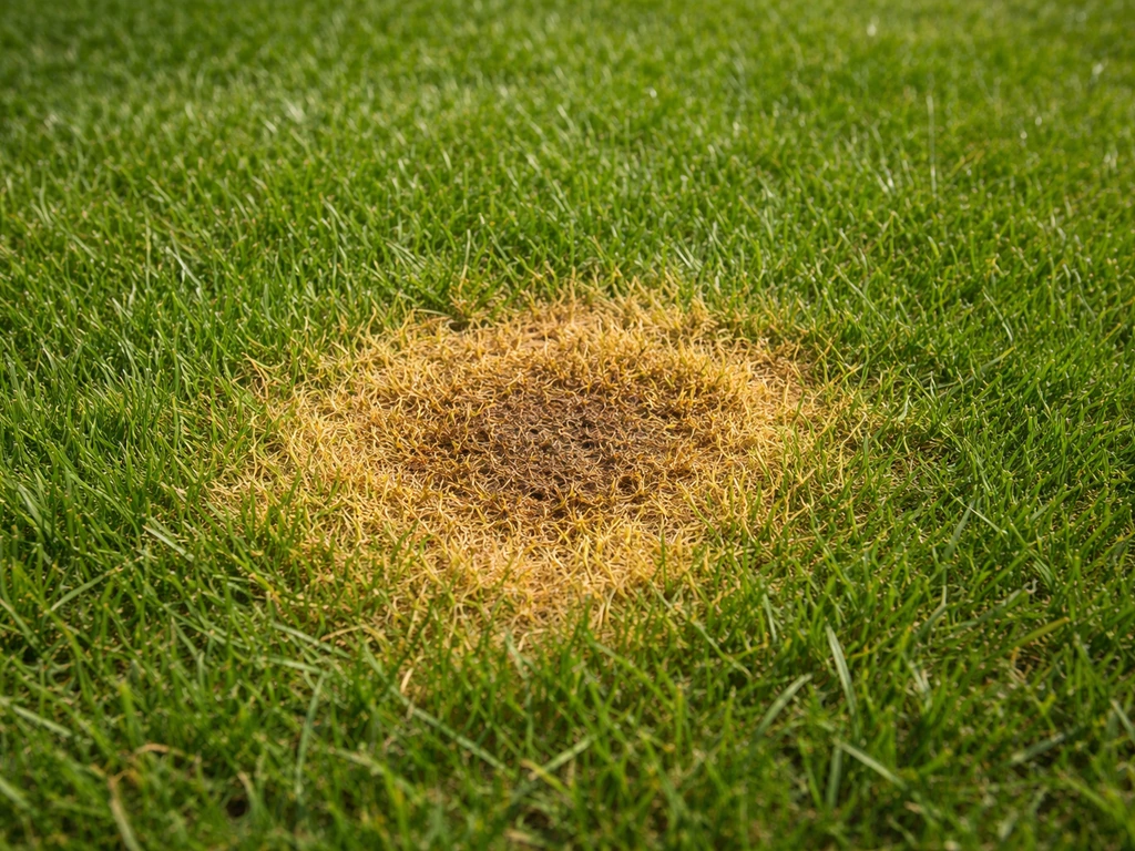 Pelouse avec une tache jaune-brun clairement visible de pipi gazon, herbe brûlée autour.