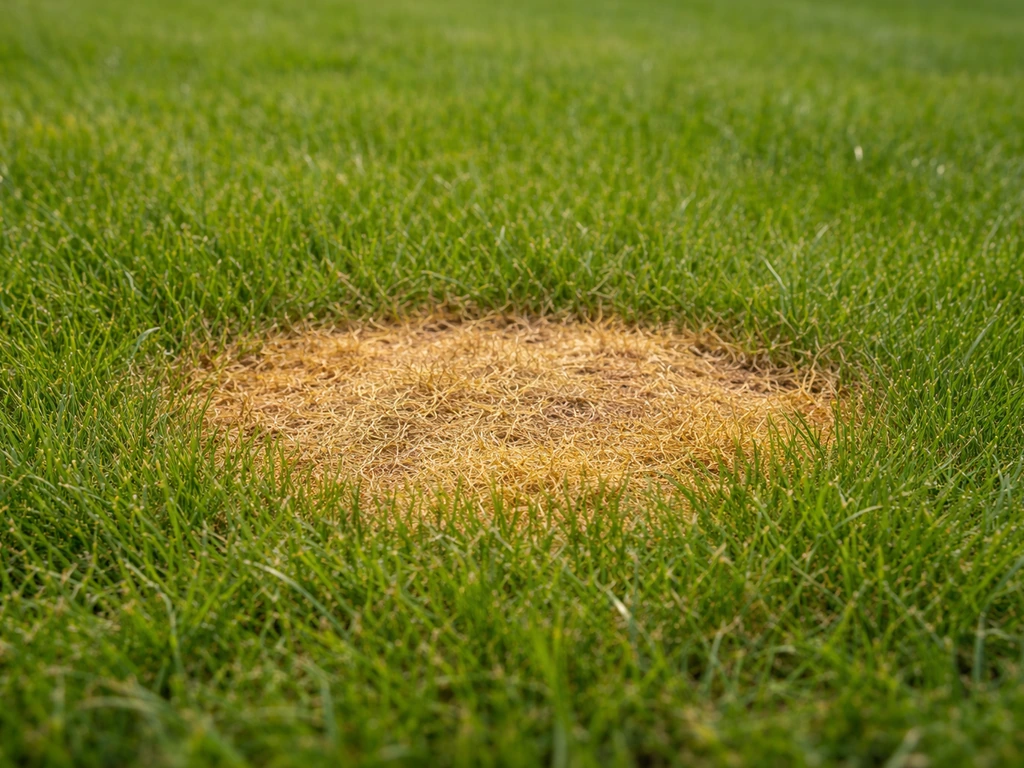 Gros plan d’une tache jaune-brun ovale sur une pelouse, rappelant une brûlure d’urine