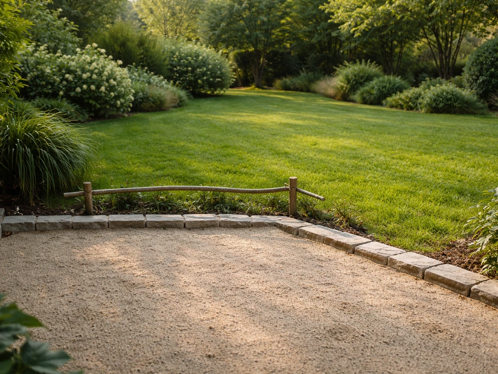 Un jardin avec une zone sableuse délimitée par une petite barrière, séparée de la pelouse verte
