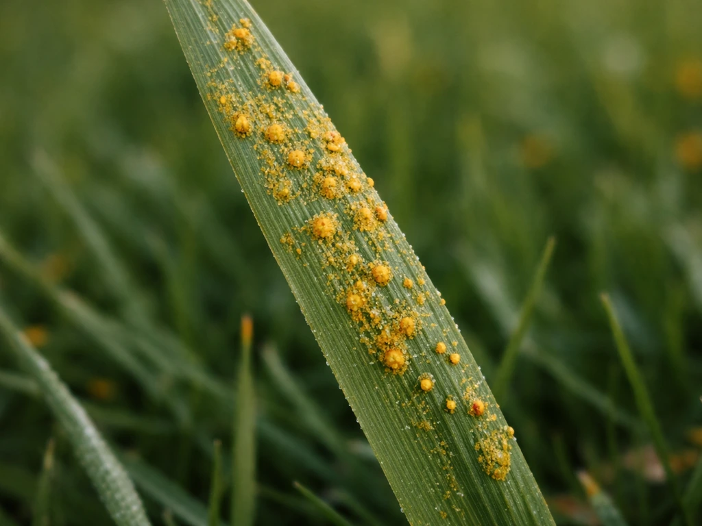 Gros plan sur des brins d’herbe avec des pustules jaune-orangé typiques de la rouille du gazon.