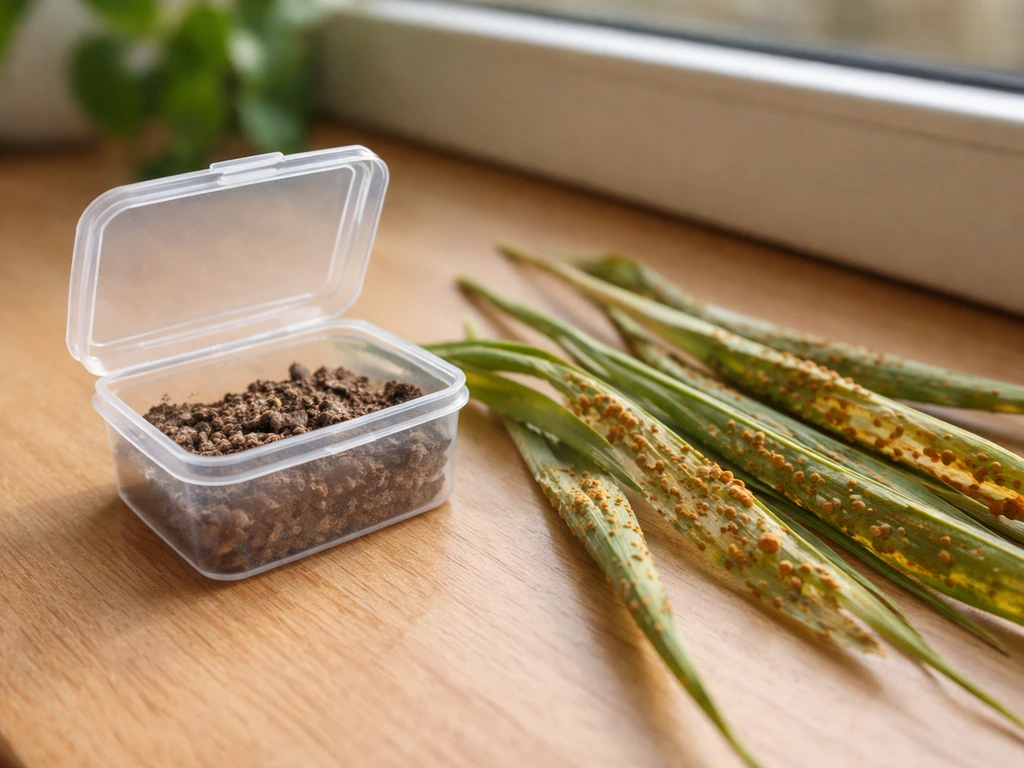 Gros plan sur des brins de plante rouillés et un petit échantillon de sol sur une table, pour un diagnostic pas à pas