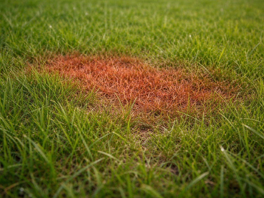Plan rapproché de brins de gazon : zone rougeâtre localisée près d’herbe verte, éclairage naturel.