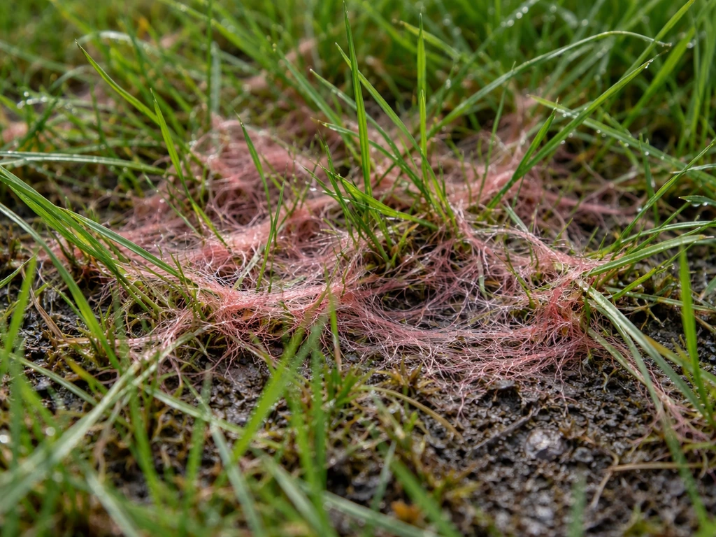 Gazon rougi avec feutrage rosé et humidité au sol, ambiance jardin après arrosage.