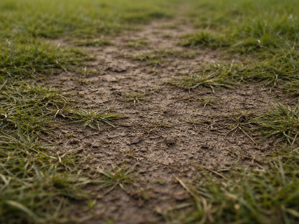Gazon compacté avec traces de piétinement et terre visible, indiquant un drainage insuffisant.