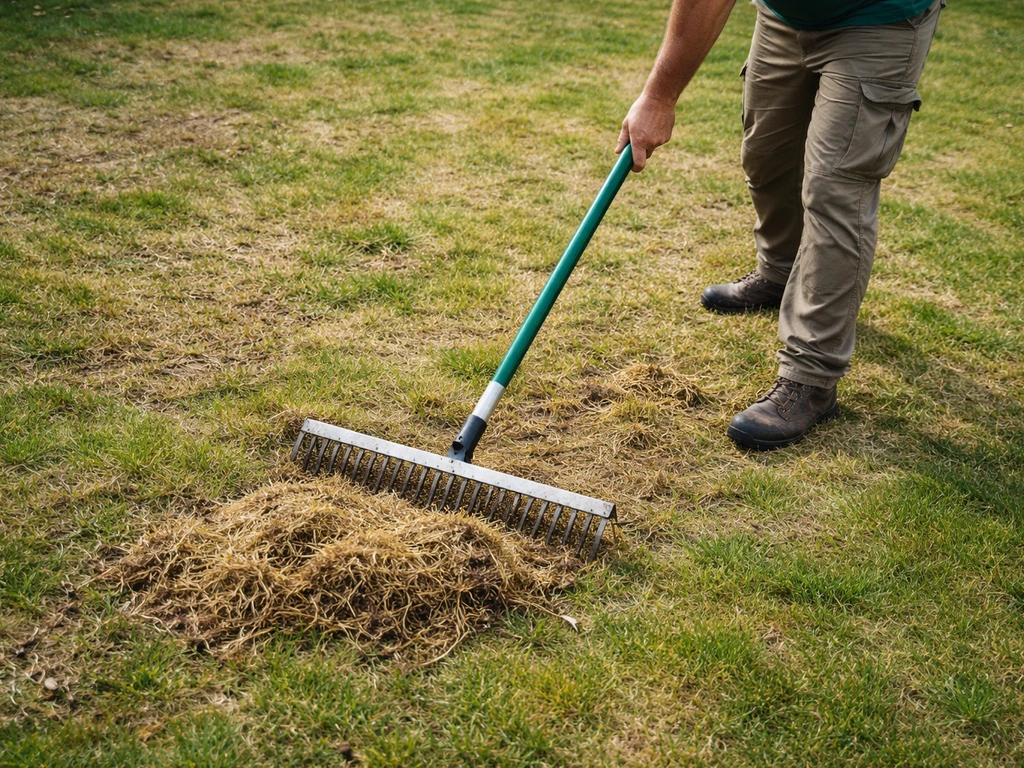 Un râteau à scarifier raclant une pelouse abîmée, retirant chaume et débris pour aérer l’herbe.
