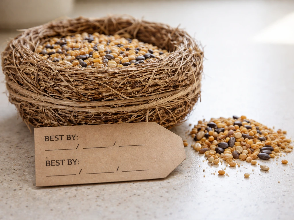 Nest-style bird seed feeding product on a counter with a best-by/best-before date tag visible.