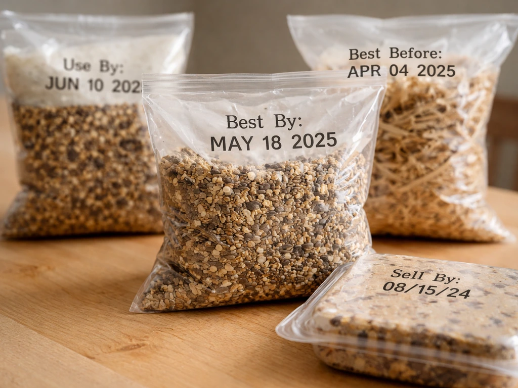 Closeup of bird seed and nest product packaging showing different date label wording like Best By and Use By.