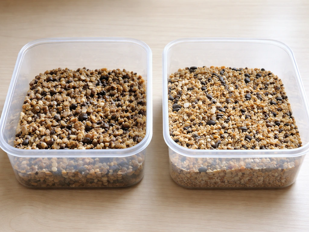 Transparent containers of bird seed: one damp with clumps and darker patches, one dry and loose.