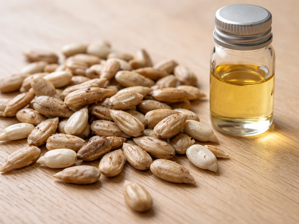 Close-up of sunflower seeds with subtle dark oxidation and a faint amber oil sheen nearby.
