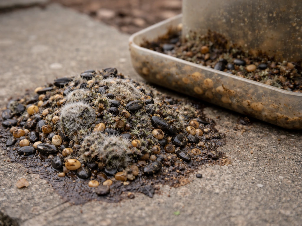 Close-up of spoiled, clumped moldy bird seed beside a dirty bird feeder with debris