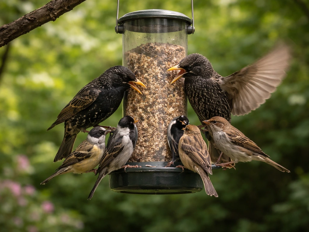 Small songbirds crowded at a backyard feeder while larger bully birds perch and dominate