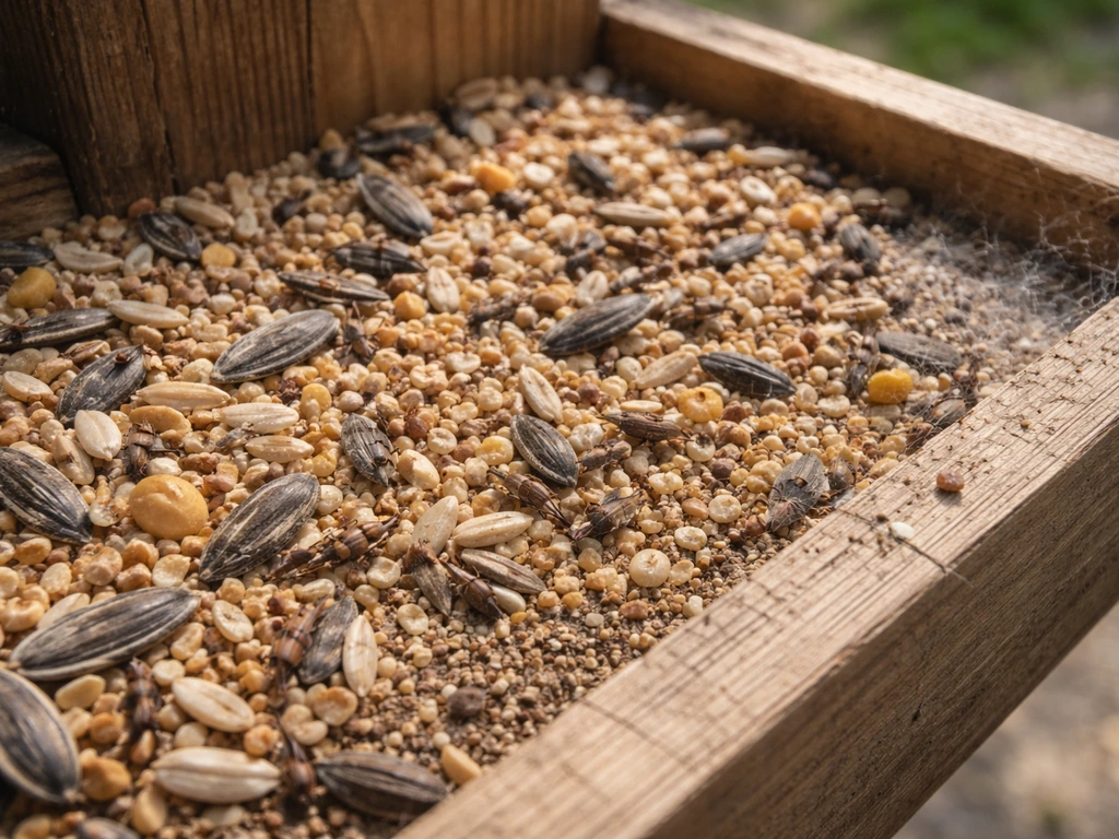 Close-up of bird feeder seed with a few small weevil-like insects near spilled grains