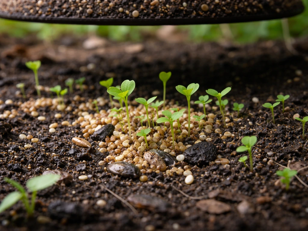 Green weed seedlings sprouting from spilled seeds in dark soil beneath a bird feeder