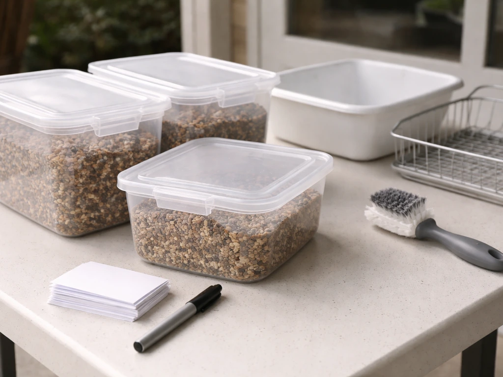 Outdoor bird feeding area with sealed seed bins, a simple rotation notepad, and cleaning tools staged