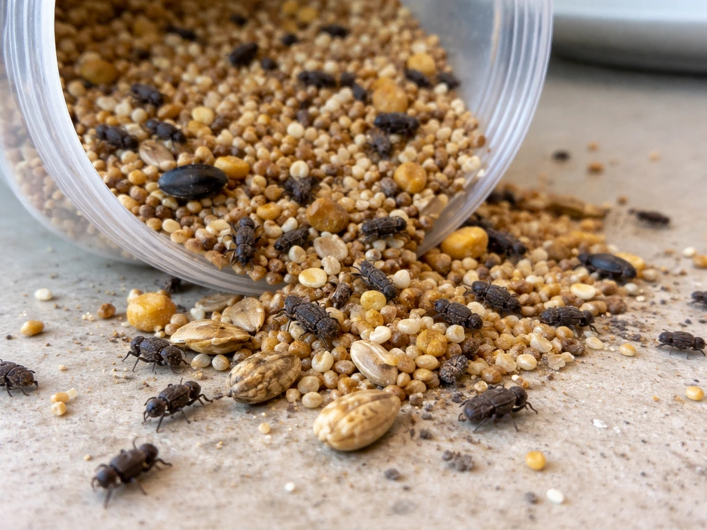 Weevil bugs and damaged bird seed kernels spilling from a bird seed container on a kitchen counter.