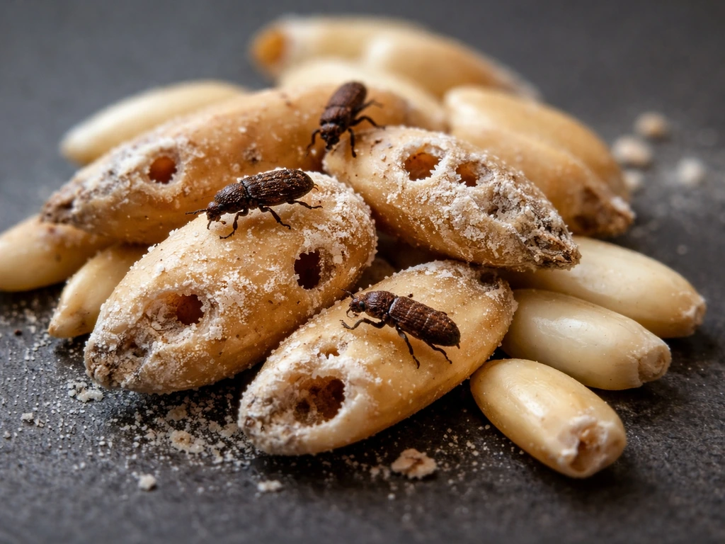 Close-up of bird seed kernels showing weevil adults and small exit holes in a simple, well-lit setup.
