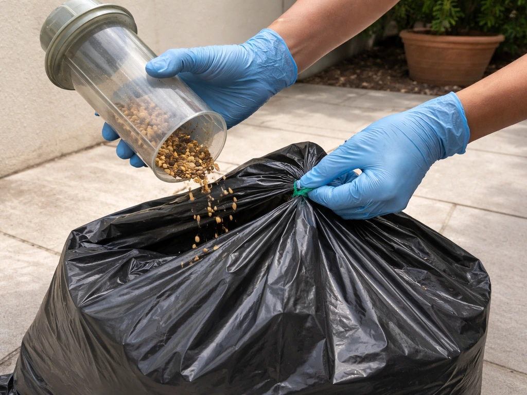 Gloved hands tipping a seed feeder and sealing a disposal bag for immediate cleanup.