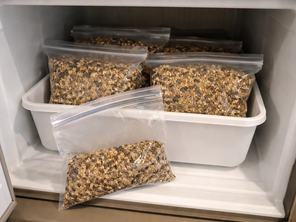 Airtight bags of bird seed inside a freezer with a thin-layer seed portion ready for treatment.