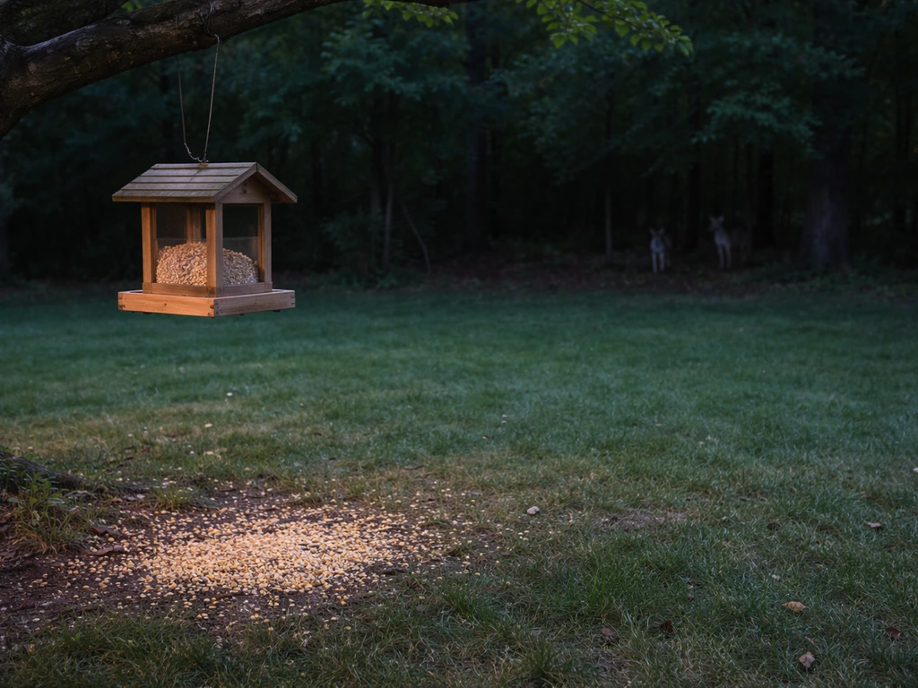 Backyard bird feeder with spilled bird seed and distant coyotes visible at the tree line.