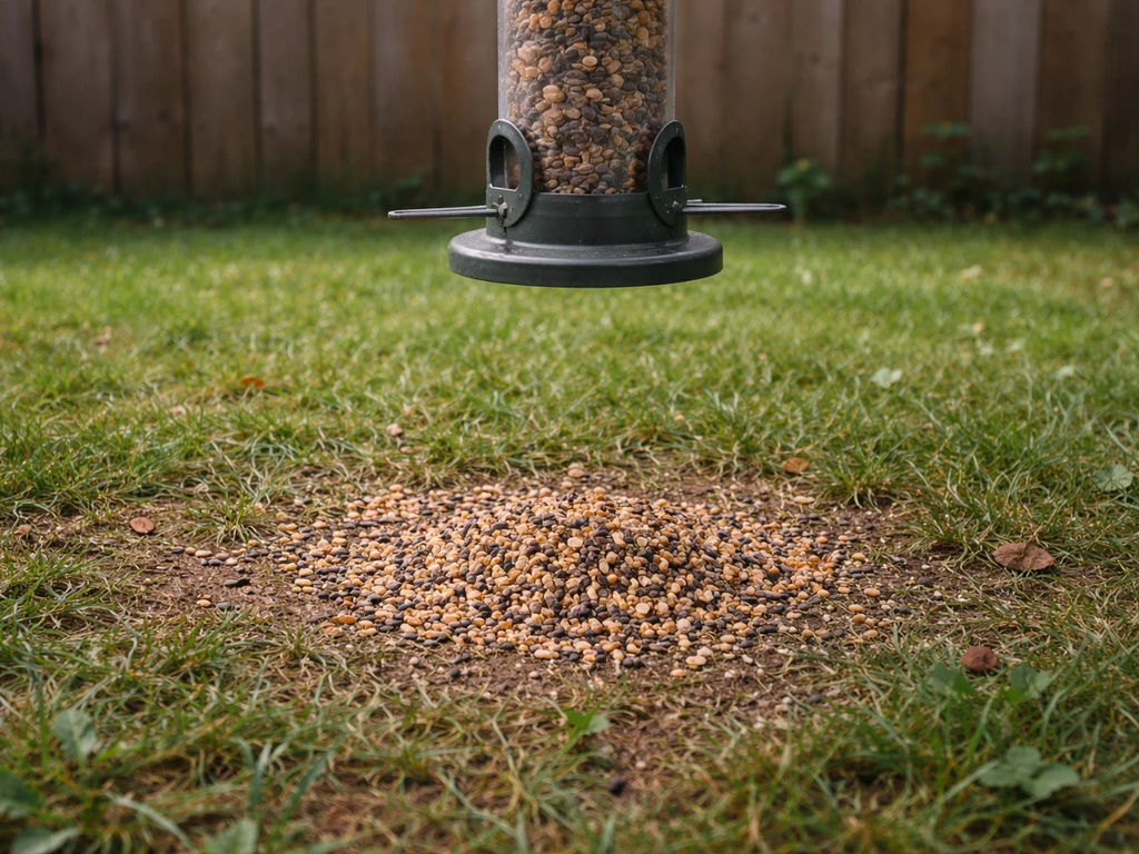 Close view of spilled bird seed on the ground and dropped seed beneath a backyard feeder, no animals visible.