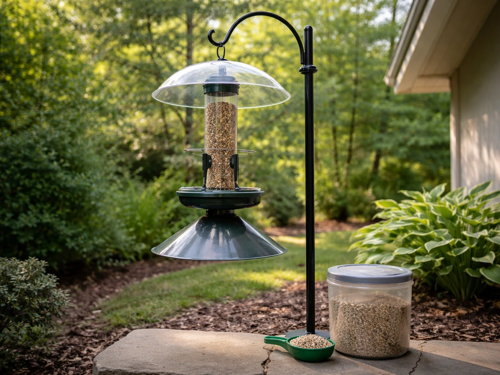 Bird feeder on a post with predator guard and baffle, with seed kept contained and no loose spill on the ground.