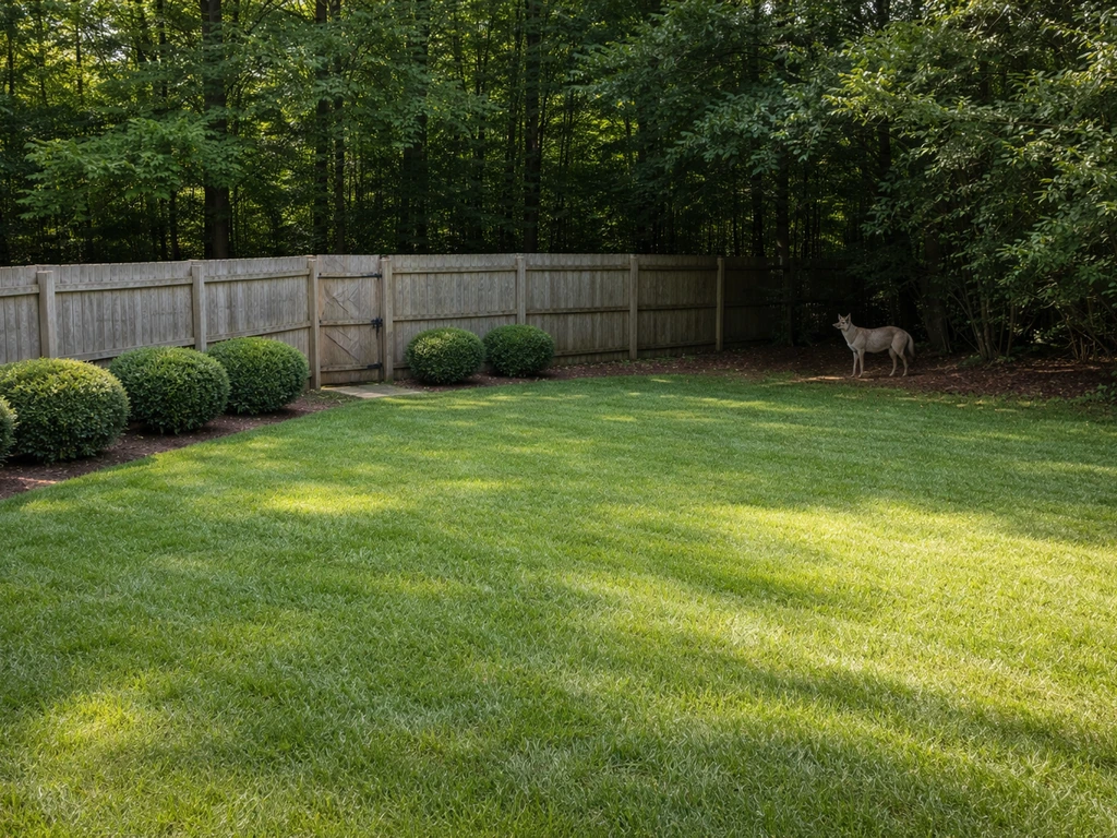 Daytime backyard edge with a cautious coyote-shaped presence near secure fencing and trimmed brush