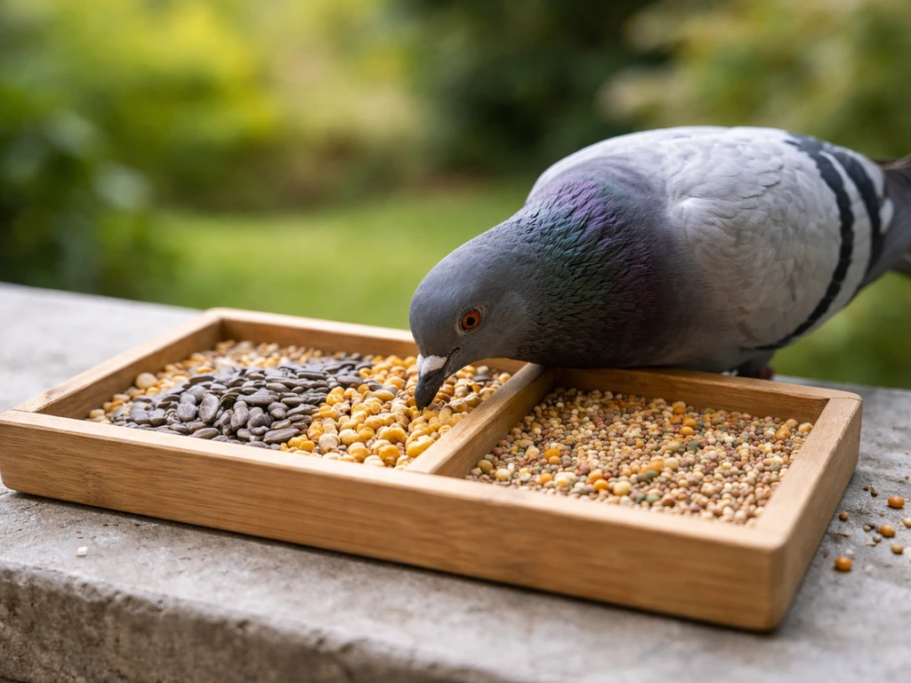 Gray pigeon pecking preferred seeds at a simple feeder, with other filler seeds left untouched nearby.